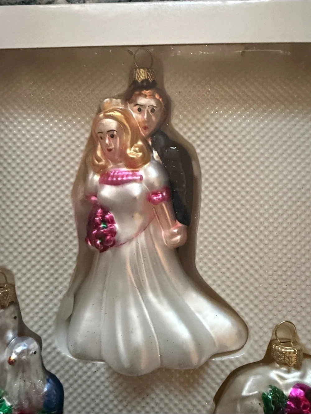 Wedding Glass Ornament bride, and groom, Dove bells carriage- Target 2002